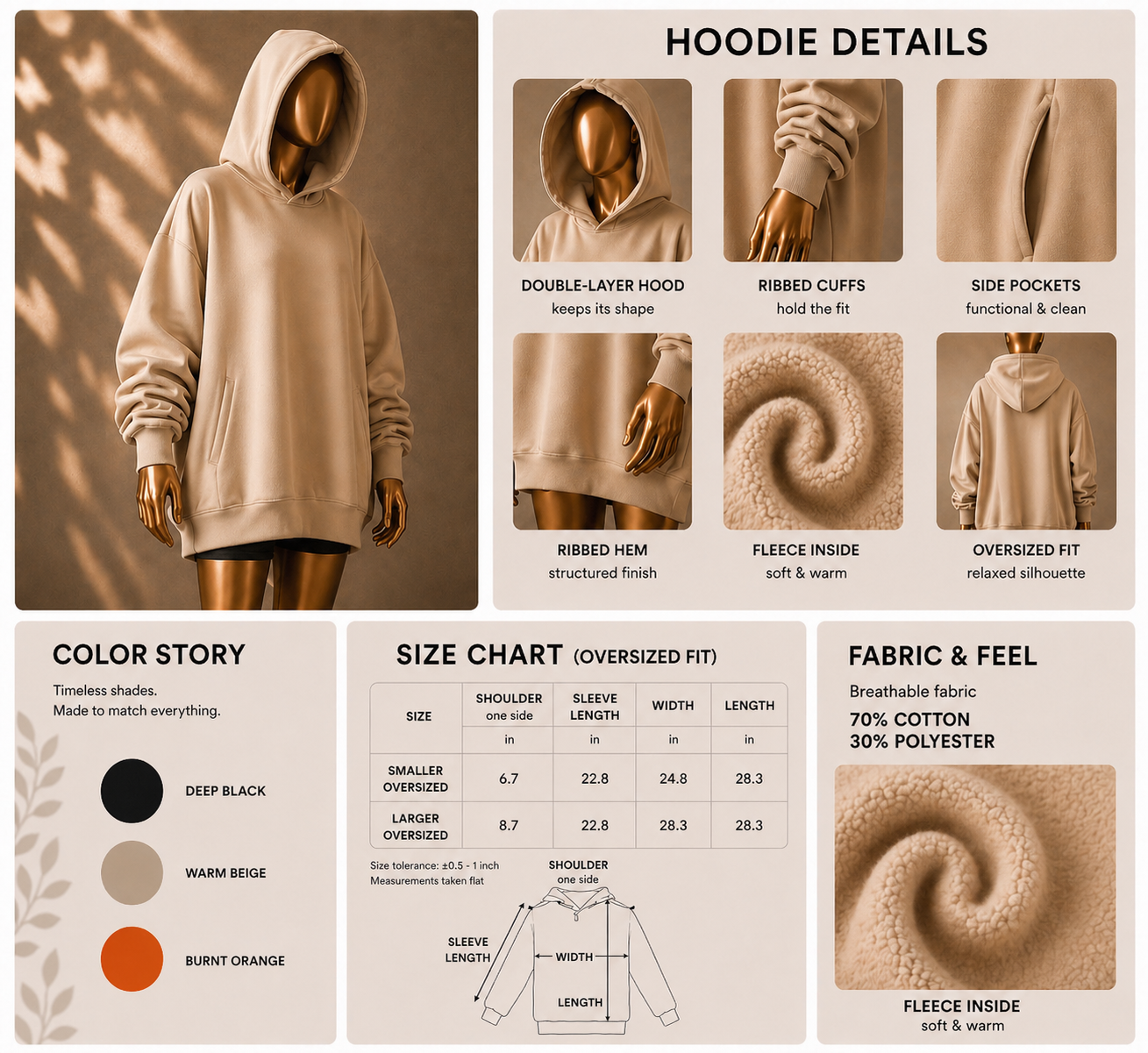 🤎 Oversized Hoodie (Fleece-Lined) · Beige