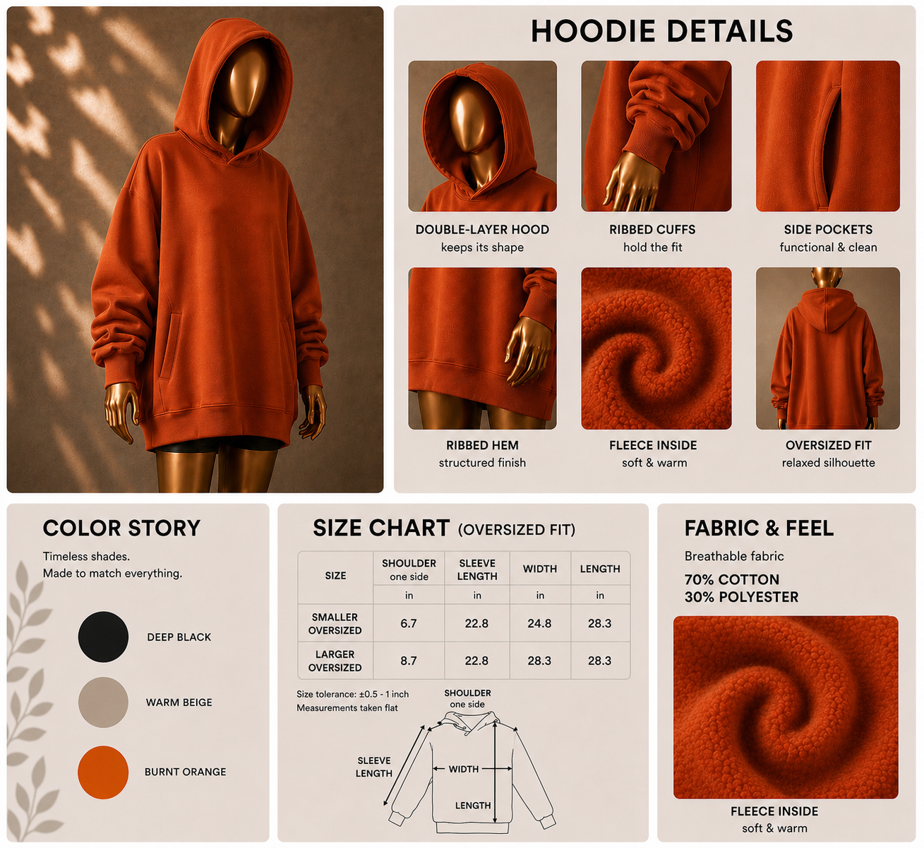 🧡 Oversized Hoodie (Fleece-Lined) · Orange