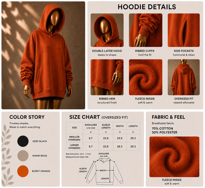 🧡 Oversized Hoodie (Fleece-Lined) · Orange